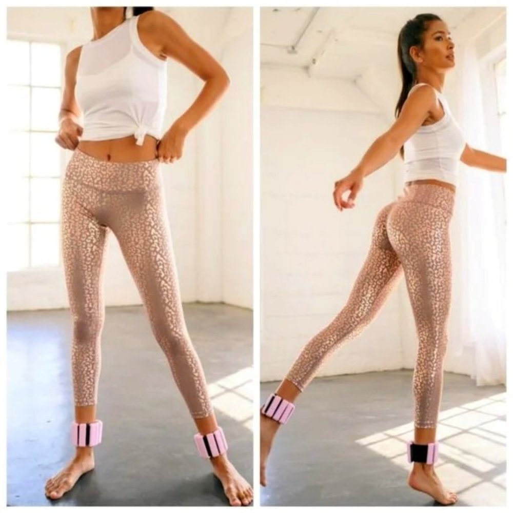 Foiled Leopard Print Glossy Workout Leggings Pink Rose Gold